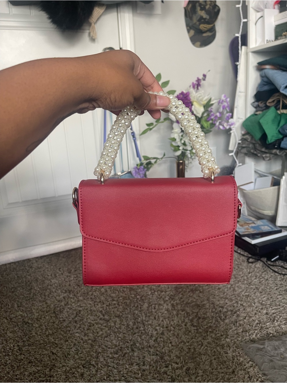 Pearl-Handle Red Women’s Top-Handle Bag